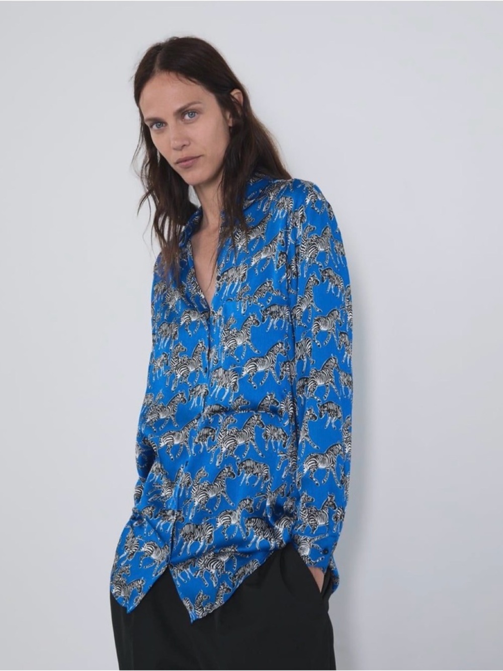 Zara Royal Blue Long Sleeve Button Down Top Shirt Zebra Prints Sz XS - Picture 6 of 12